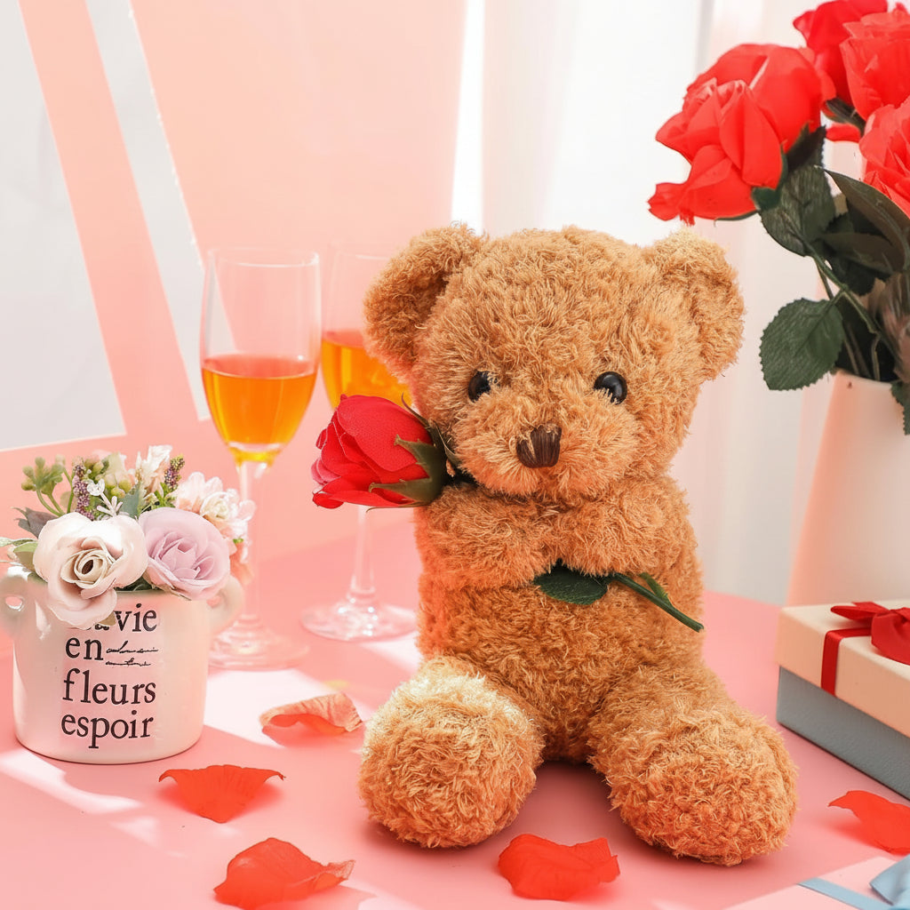 Plush Teddy Bear Holding a Rose