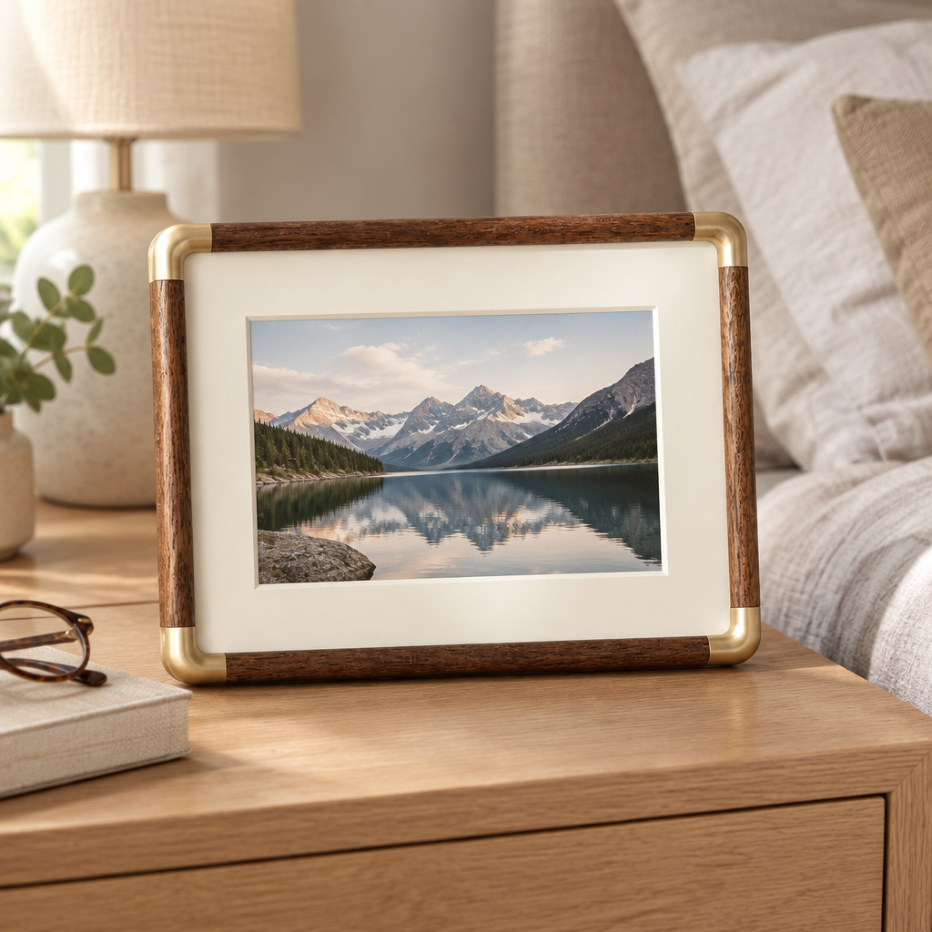 Black walnut and brass photo frame on a bedside table