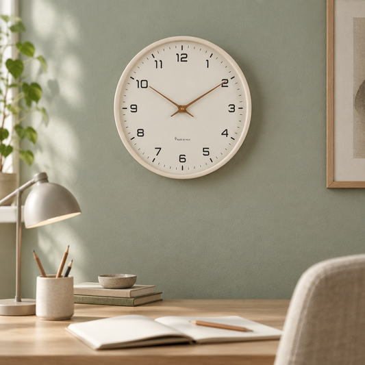 Nordic Wood Frame Wall Clock, creme, in a home office