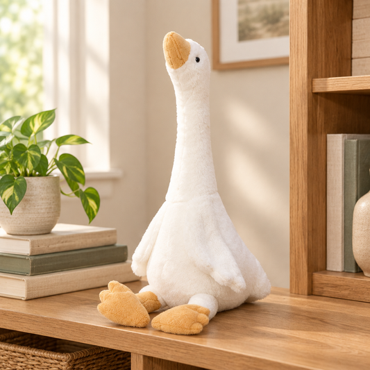 White goose plushie sitting on a wooden shelf beside books and a plant