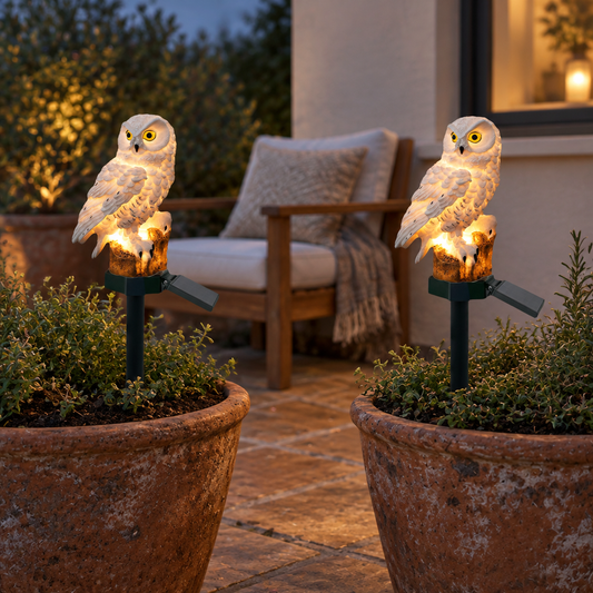 Two solar owl garden stake lights in patio planters at dusk