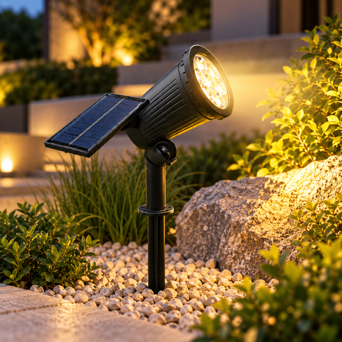 Garden path lit by solar spotlights