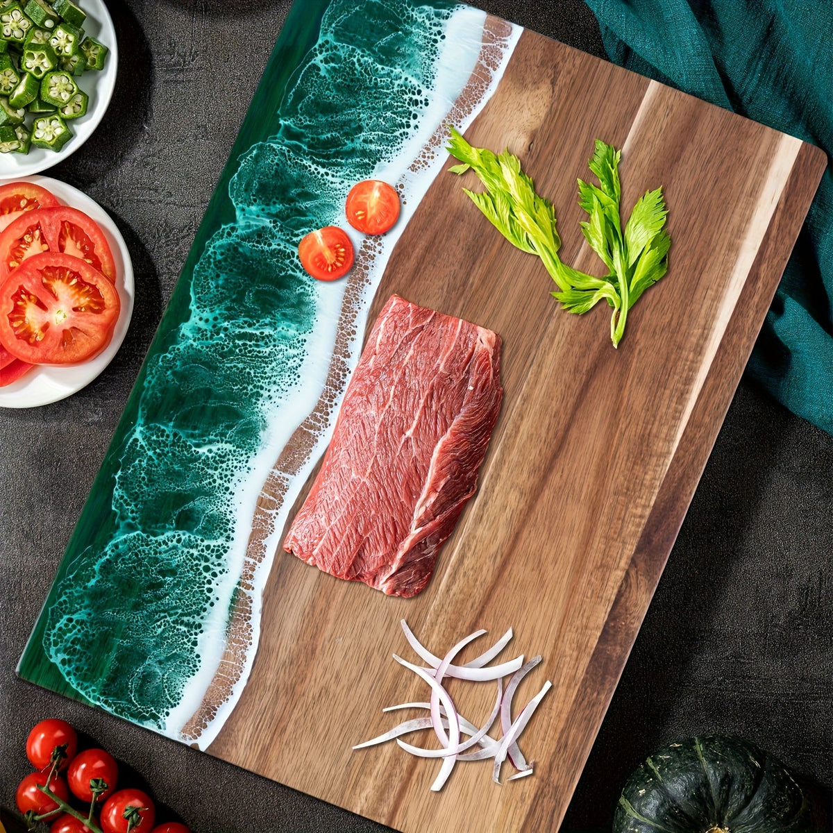 Ocean Wave Resin Acacia Serving Board