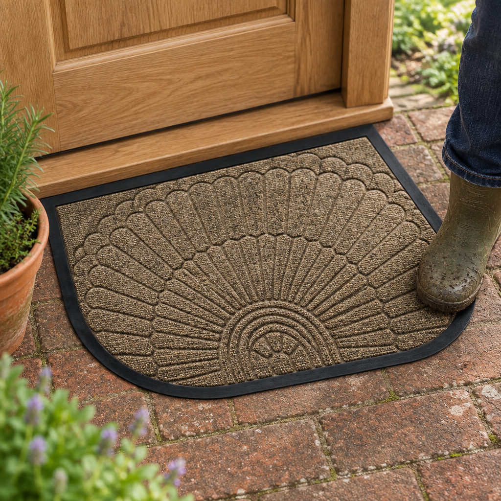 Semi-Circle Rubber Entry Door Mat, beige brown, at a back door