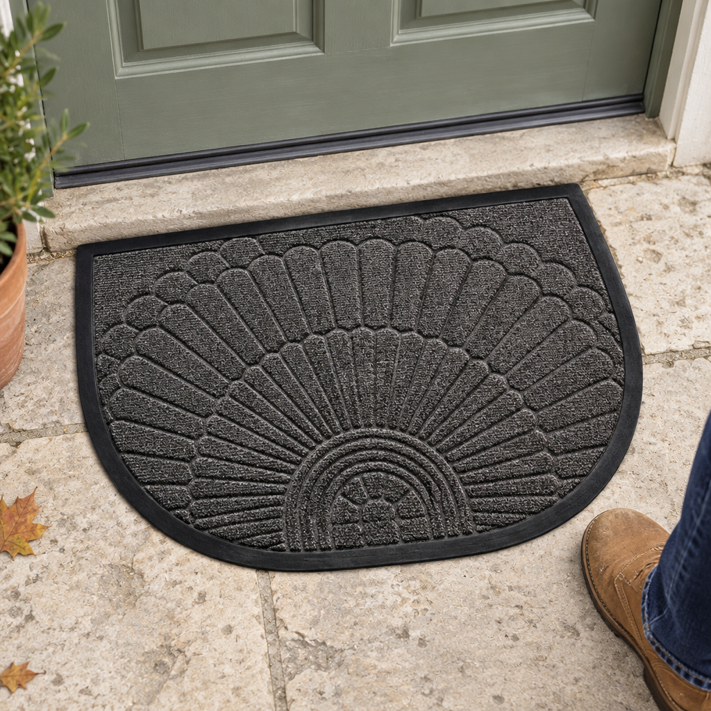 Semi-Circle Rubber Entry Door Mat, dark grey, at a front door
