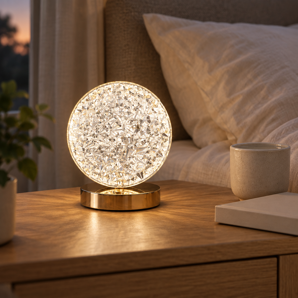 Ball crystal LED night light on a bedside table