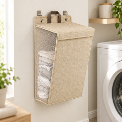 Beige hanging storage basket in a laundry room