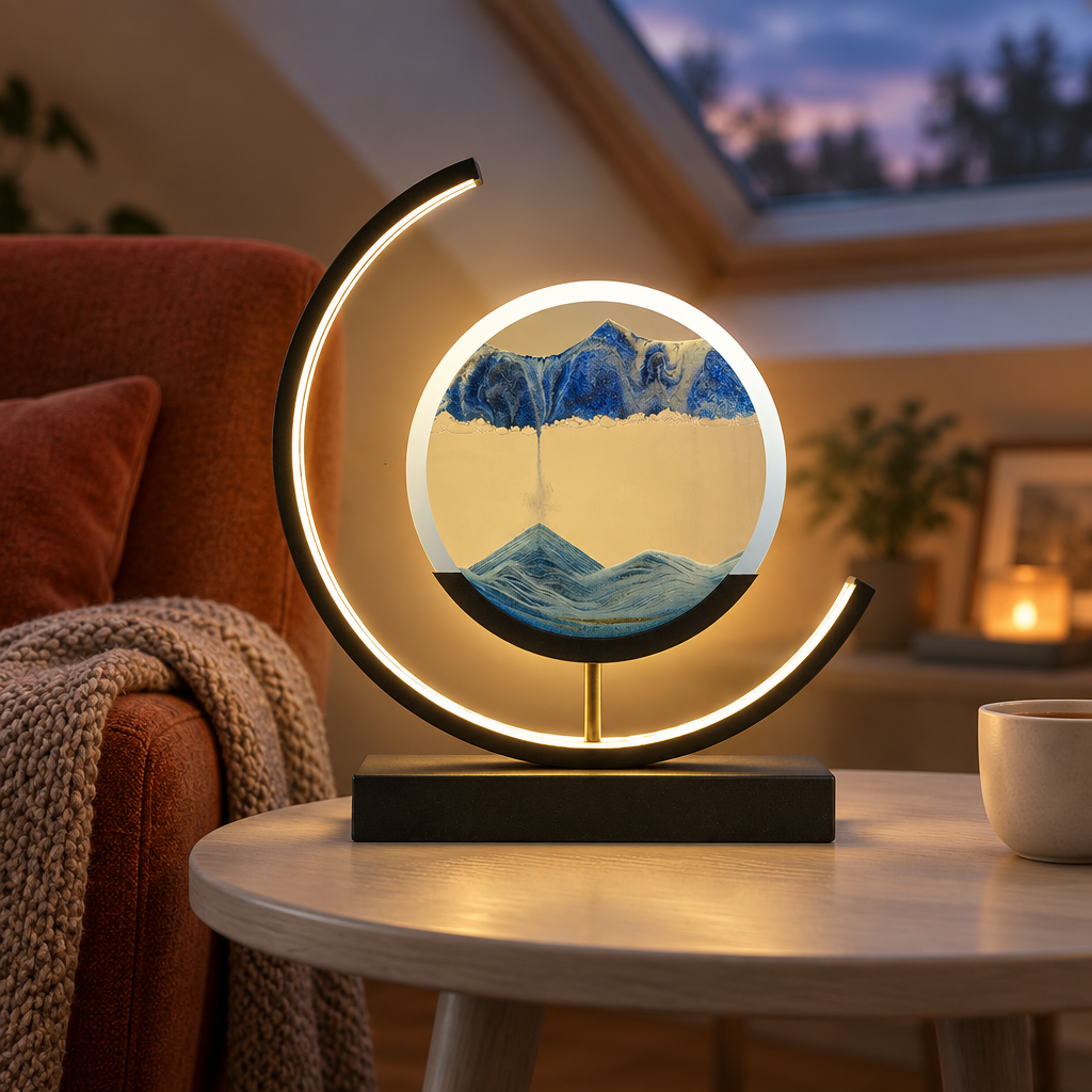 Moving Sand Art LED Lamp, blue sand, black frame