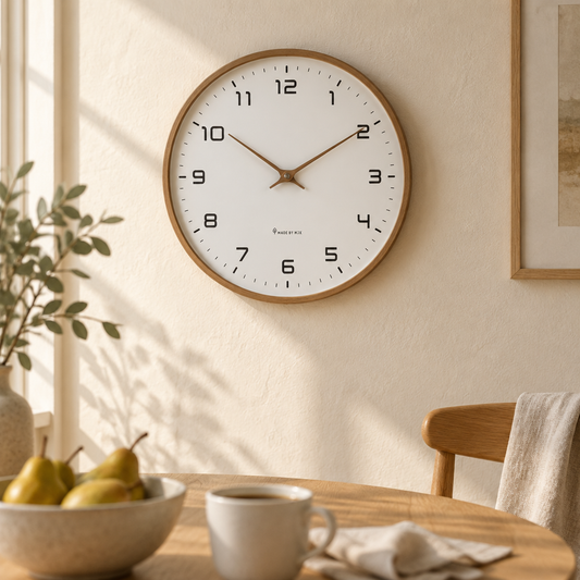 Nordic Wood Frame Wall Clock, brown, in a breakfast nook
