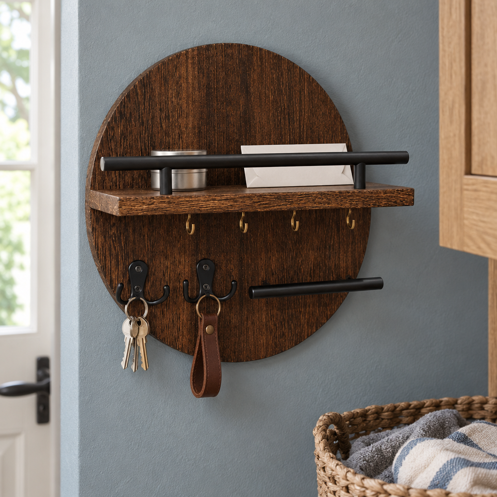 Round Wooden Wall Key Holder, Brown/Black