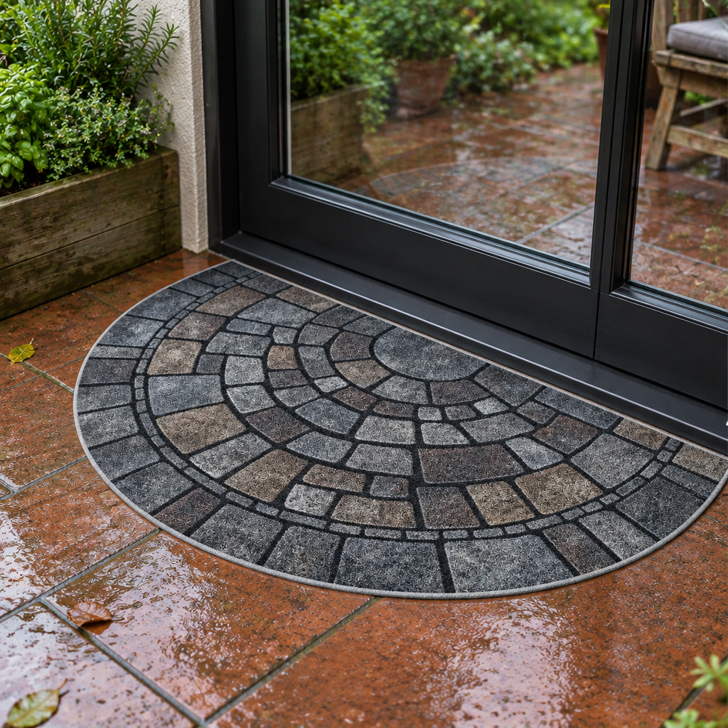 Half-circle cobblestone door mat at a patio door after rain