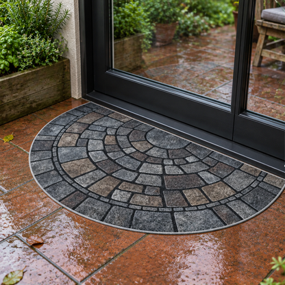 Half-circle cobblestone door mat at a patio door after rain