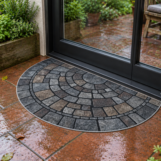 Half-circle cobblestone door mat at a patio door after rain