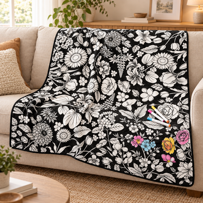 Color-your-own flower blanket draped over a sofa with markers