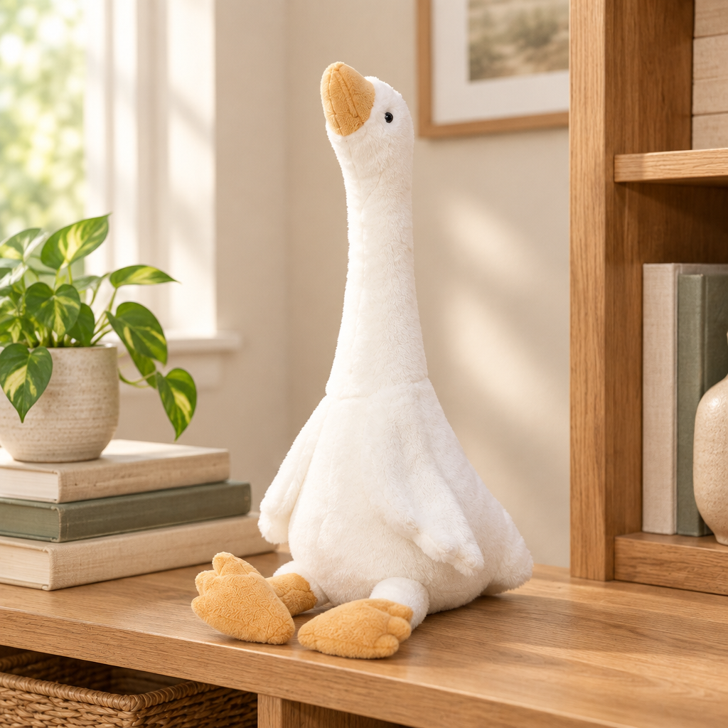 White goose plushie sitting on a wooden shelf beside books and a plant