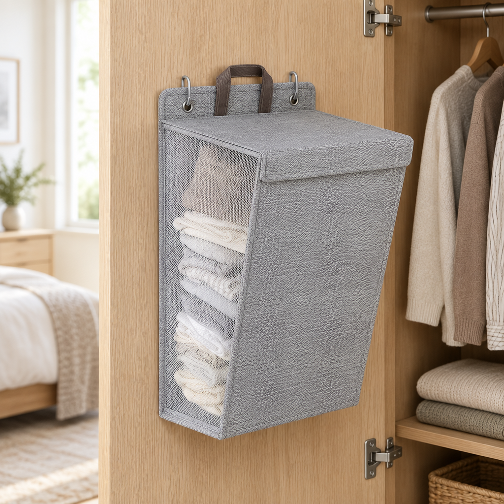 Gray hanging storage basket inside a wardrobe door