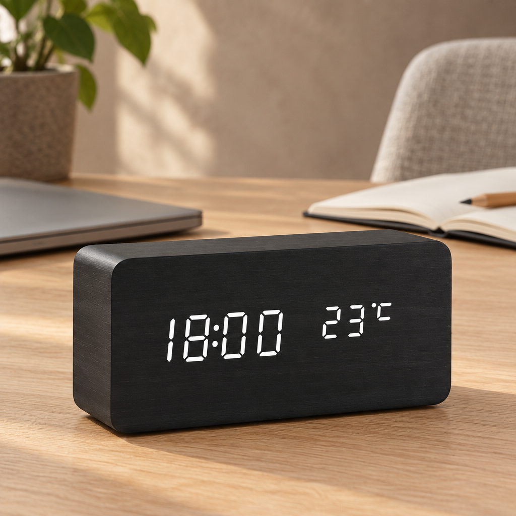 Smart LED Wooden Alarm Clock, black block