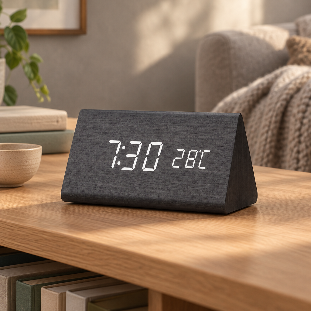 Smart LED Wooden Alarm Clock, black triangle