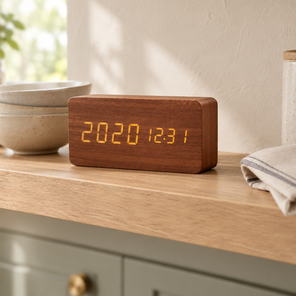Smart LED Wooden Alarm Clock, brown block