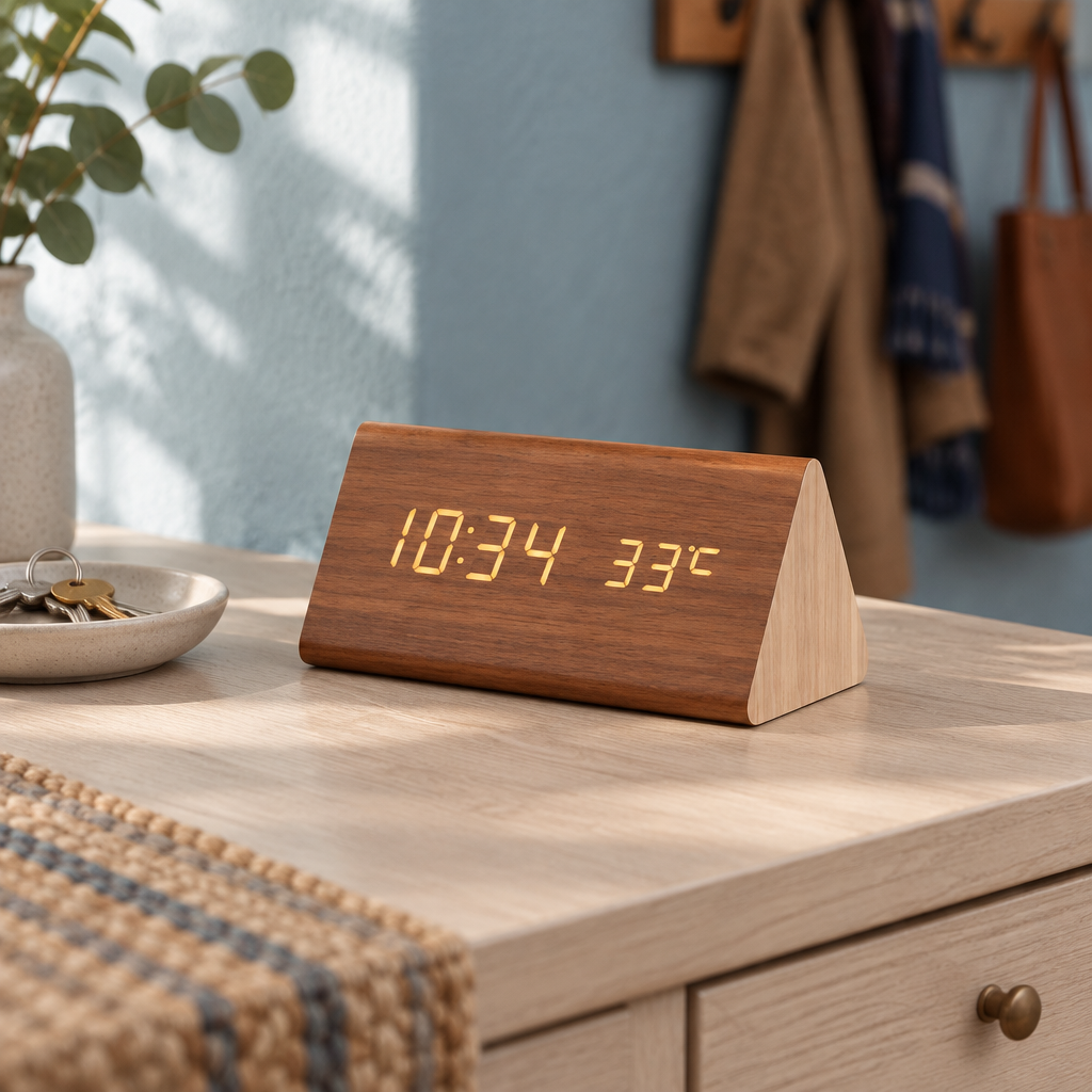 Smart LED Wooden Alarm Clock, brown triangle