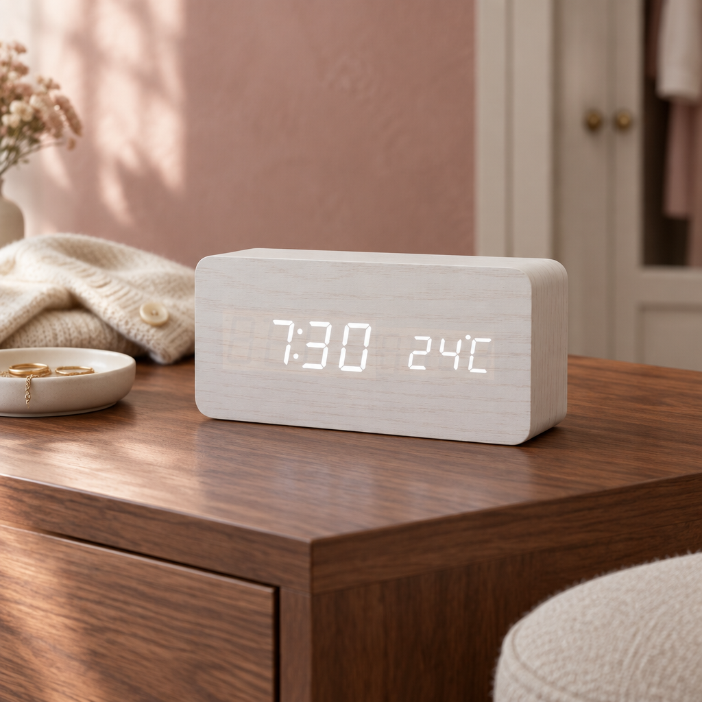 Smart LED Wooden Alarm Clock, white block