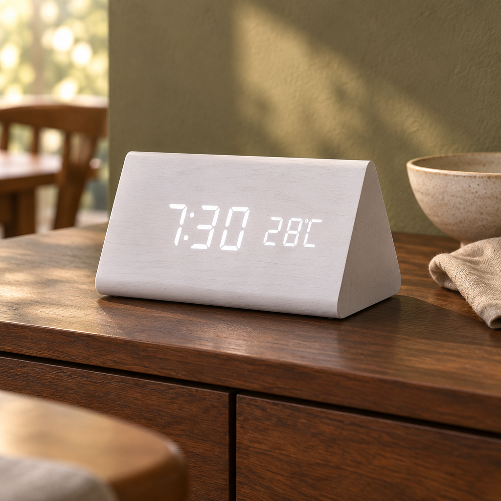 Smart LED Wooden Alarm Clock, white triangle