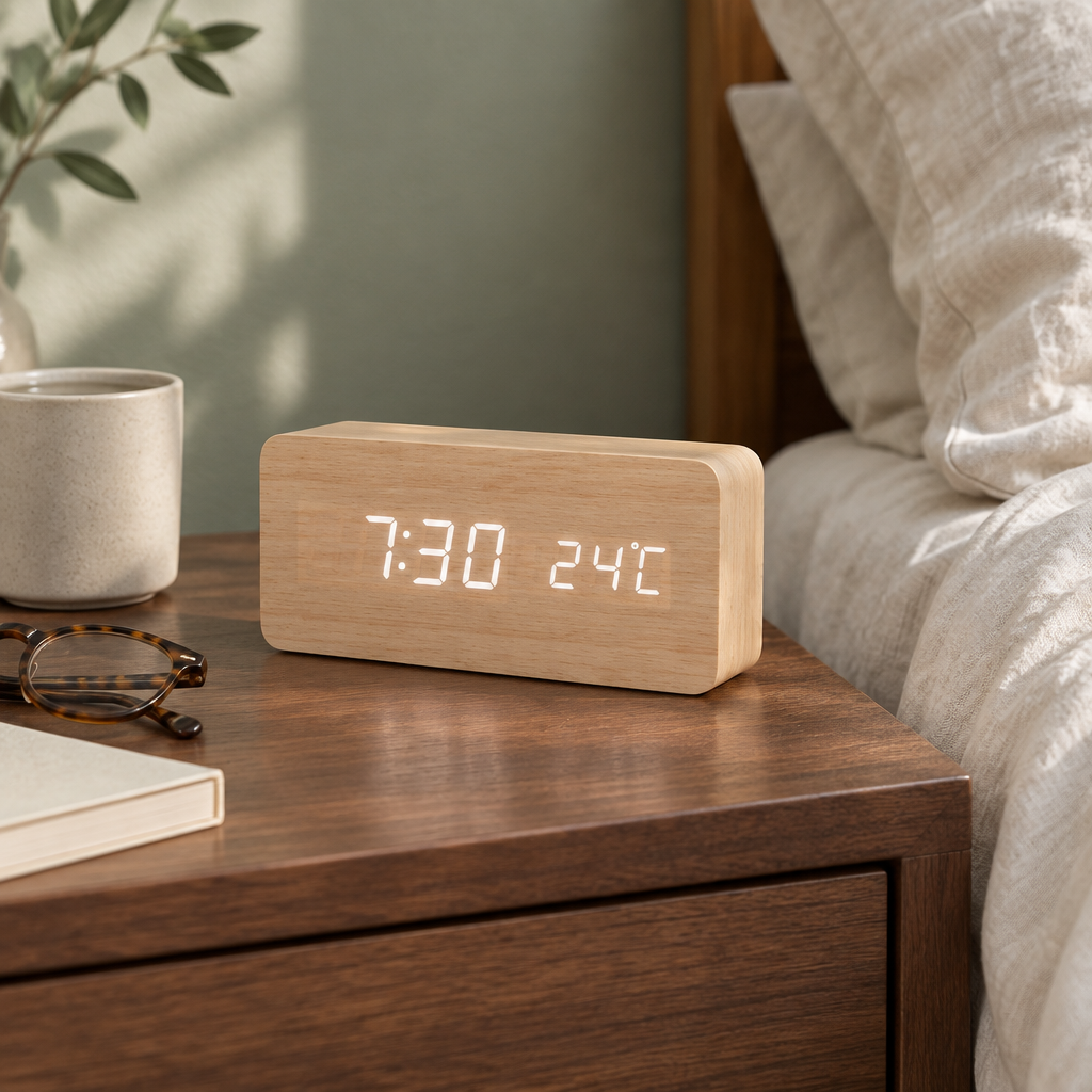 Smart LED Wooden Alarm Clock, wood block, on a bedside table
