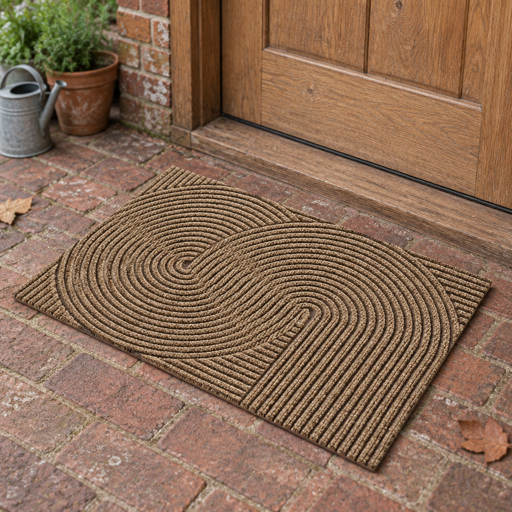 Khaki entry door mat at a brick side entrance