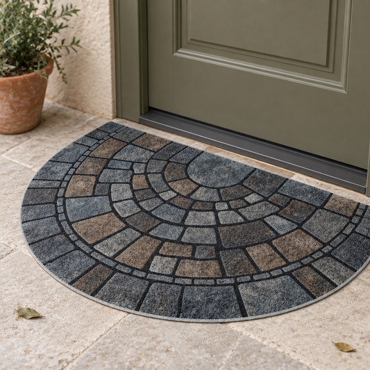 Half-circle cobblestone mosaic door mat at a front door