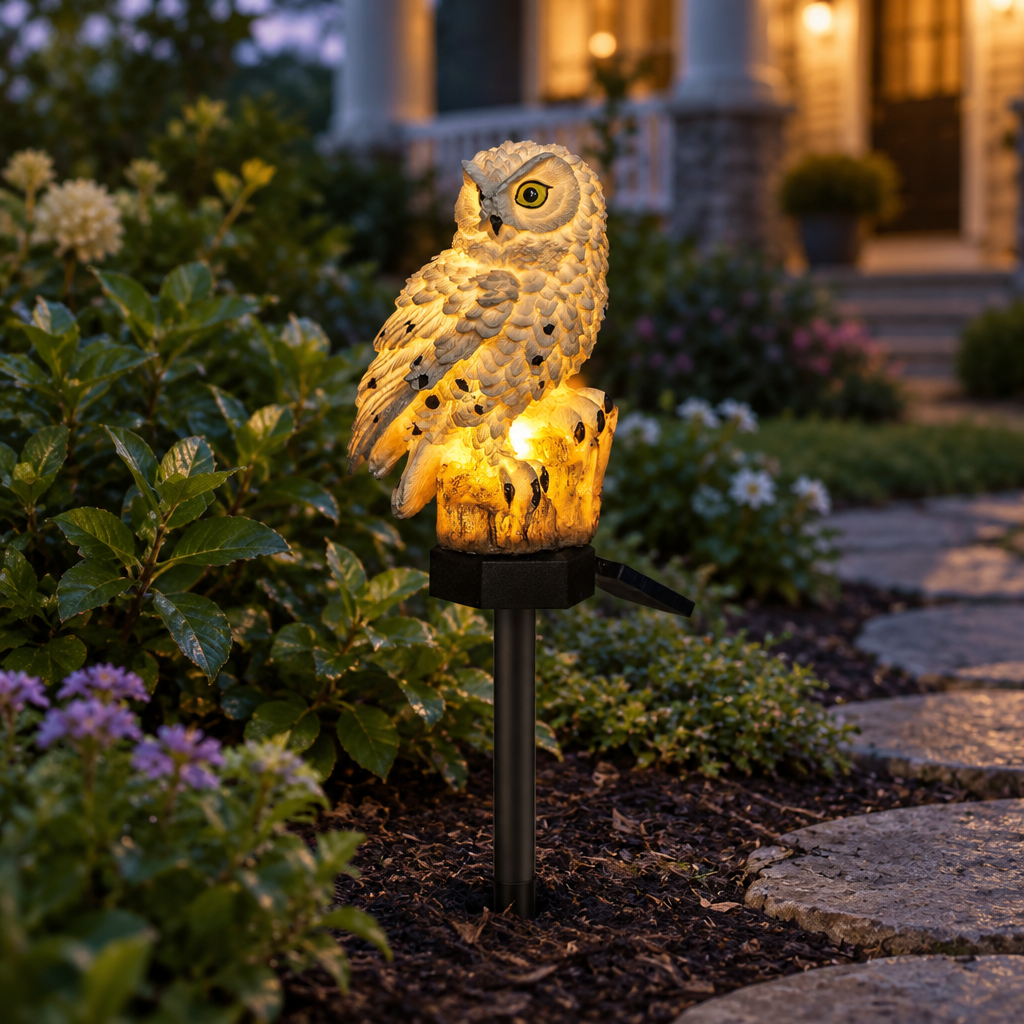 Solar owl garden stake light glowing beside a garden path