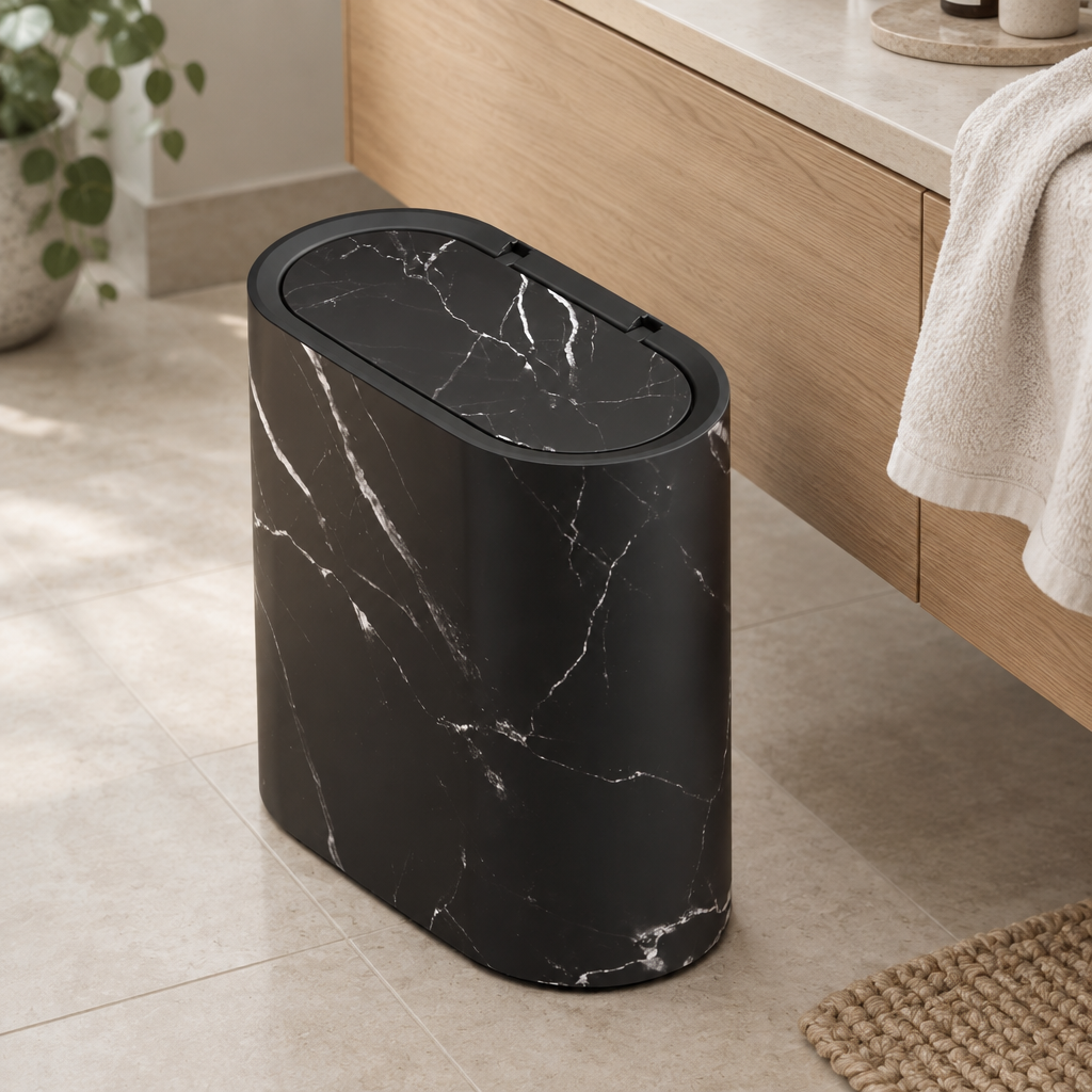 Marble-Effect Bin with Lid beside a bathroom vanity