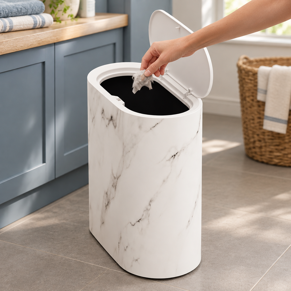 Marble-Effect Bin with Lid, cream white