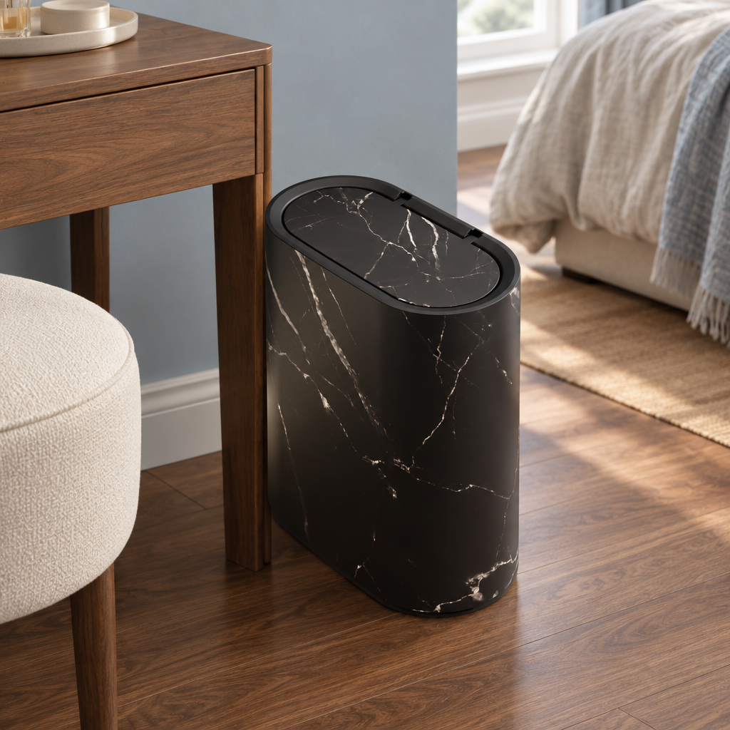 Marble-Effect Bin with Lid, marble black
