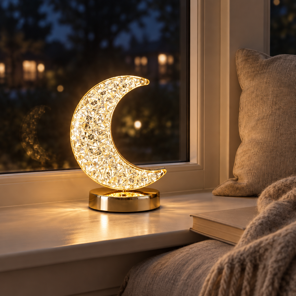 Moon crystal LED night light on a windowsill