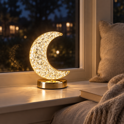 Moon crystal LED night light on a windowsill