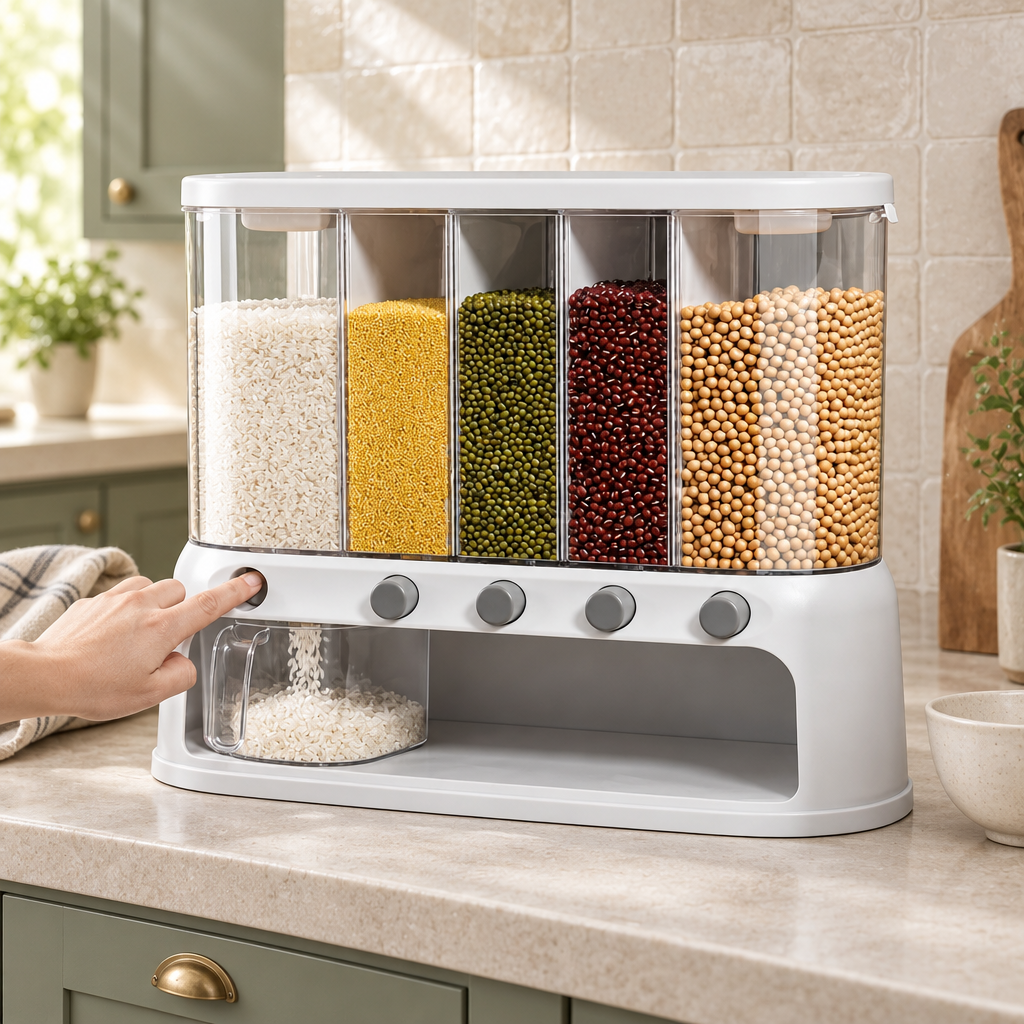 5-Compartment Grain Dispenser on a kitchen counter