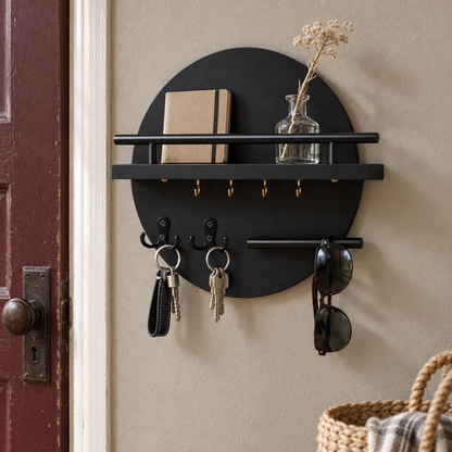 Round Wooden Wall Key Holder, Black