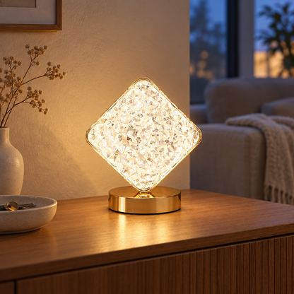 Square crystal LED night light on a living room console