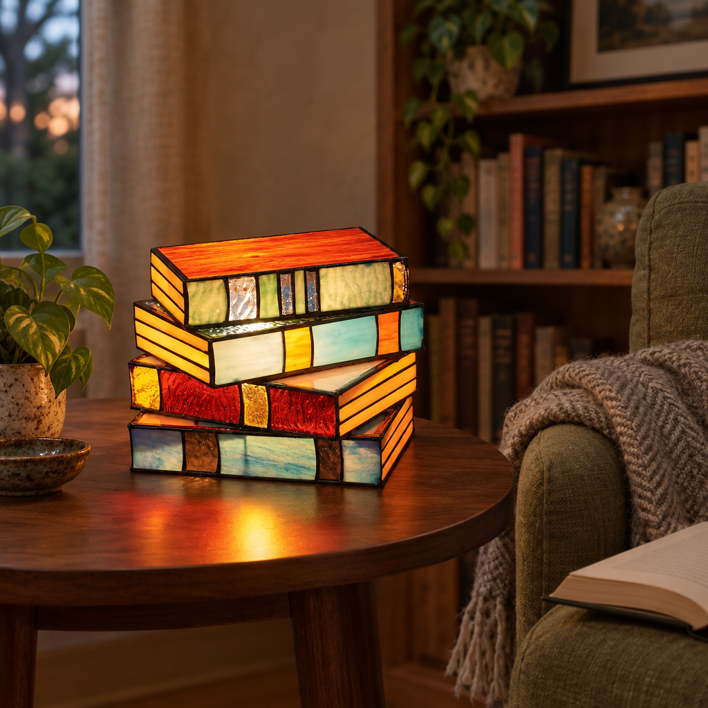 Stained Glass Book Stack Table Lamp glowing in a reading nook
