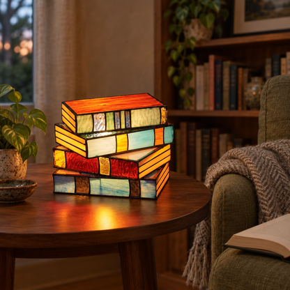 Stained Glass Book Stack Table Lamp glowing in a reading nook