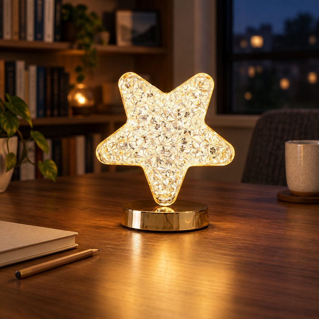 Star crystal LED night light on a desk