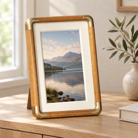 Teak wood and brass photo frame on a console table
