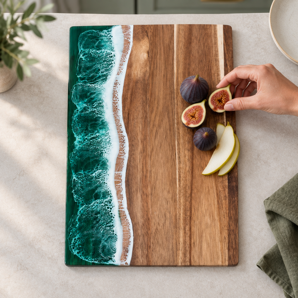 Ocean Wave Resin Acacia Serving Board, green waves