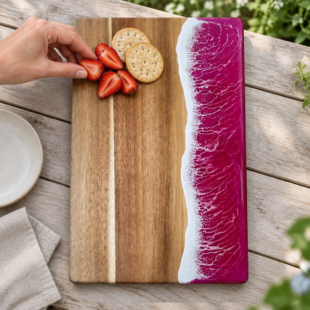 Ocean Wave Resin Acacia Serving Board, pink side waves