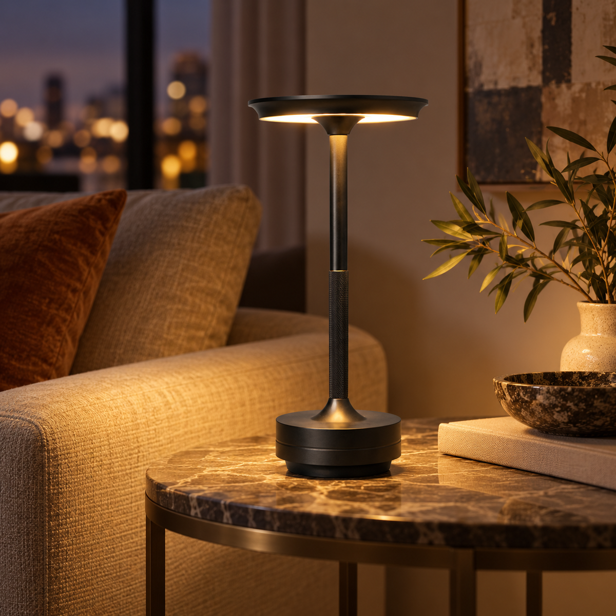 Cordless table lamp glowing beside a sofa in the evening