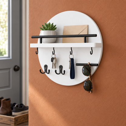 Round Wooden Wall Key Holder, White/Black
